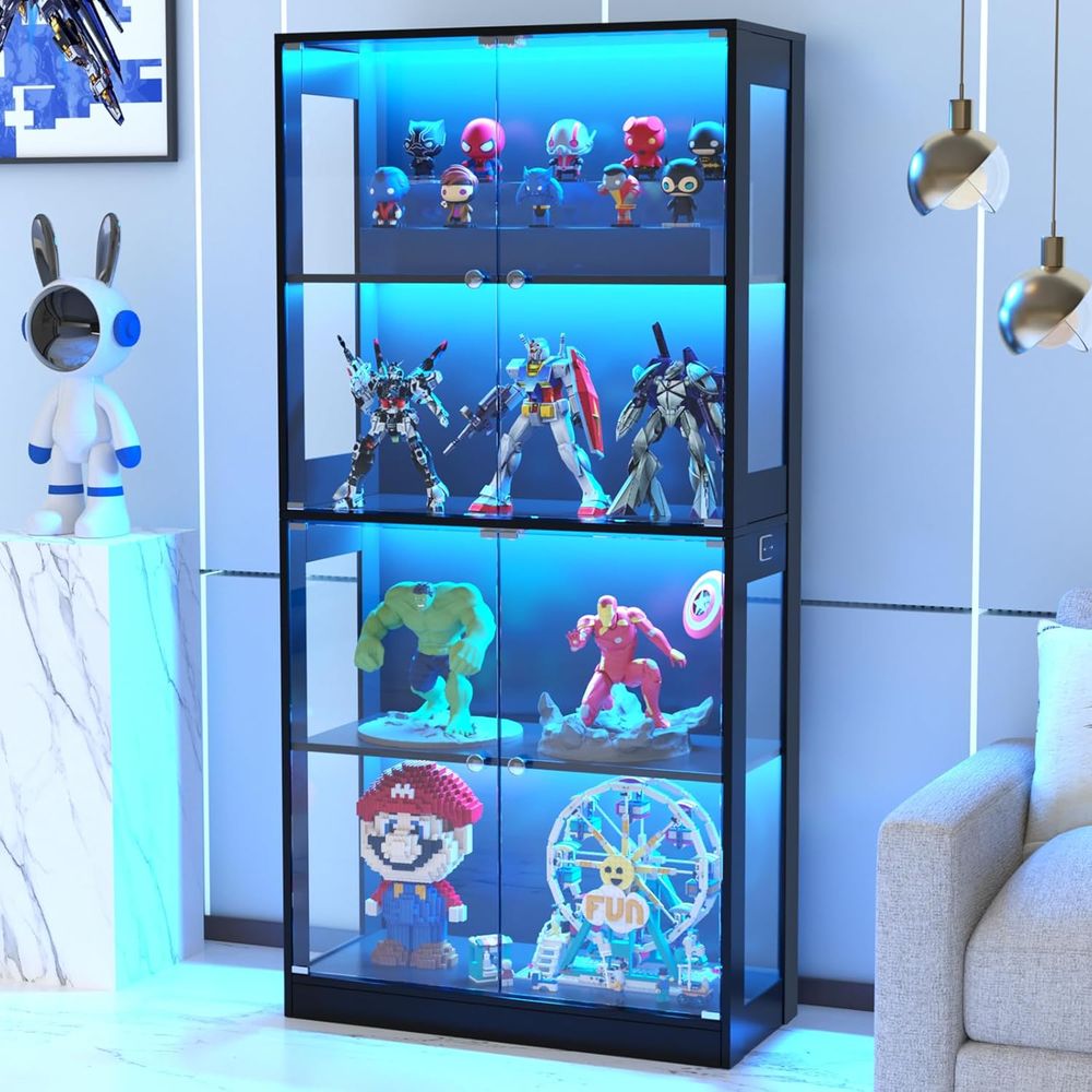 Lighting & Home Decor Studio Photos - 65ガラス扉ディスプレイキャビネット、センサー照明付き4段キュリオケース、リビングルームブックケース収納