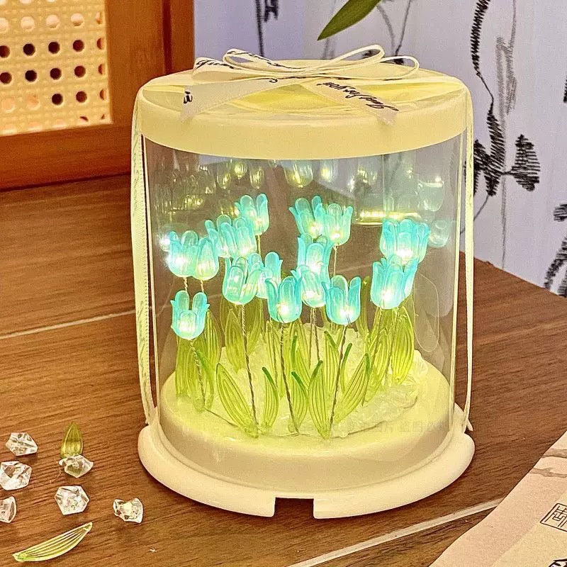 Lighting Table Decor - DIYチューリップランプシミュレーションフラワーシーケーキボックス寝室用スリーピングテーブルランプ手作りクラフトデコチューリップナイトライト誕生日プレゼント