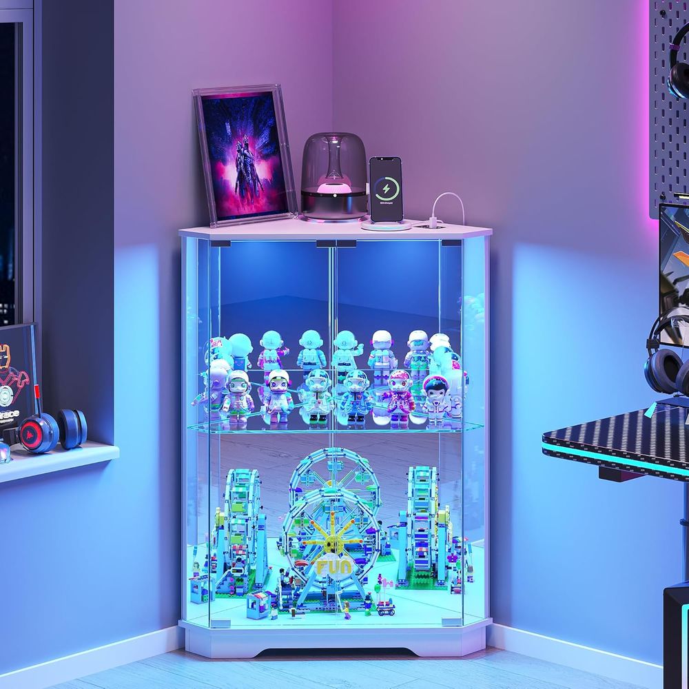 Lighting & Home Decor Studio Photos - 2段ガラス製ディスプレイキャビネット、LEDライトと充電ステーション付き、リビングルーム用、エレガントホワイト