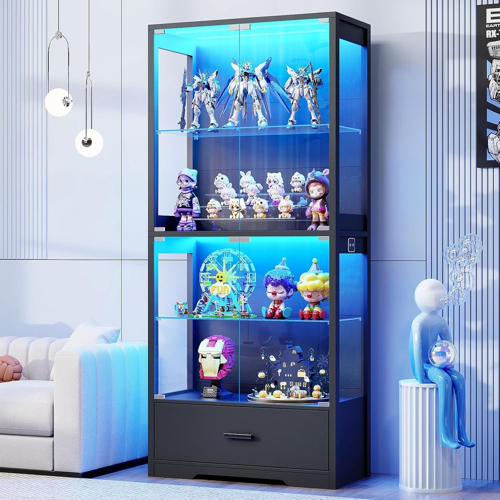 Lighting & Home Decor Studio Photos - 4段ガラス製キュリオキャビネット、調節可能な棚、3色ライト＆人体センサー付き、ブラック