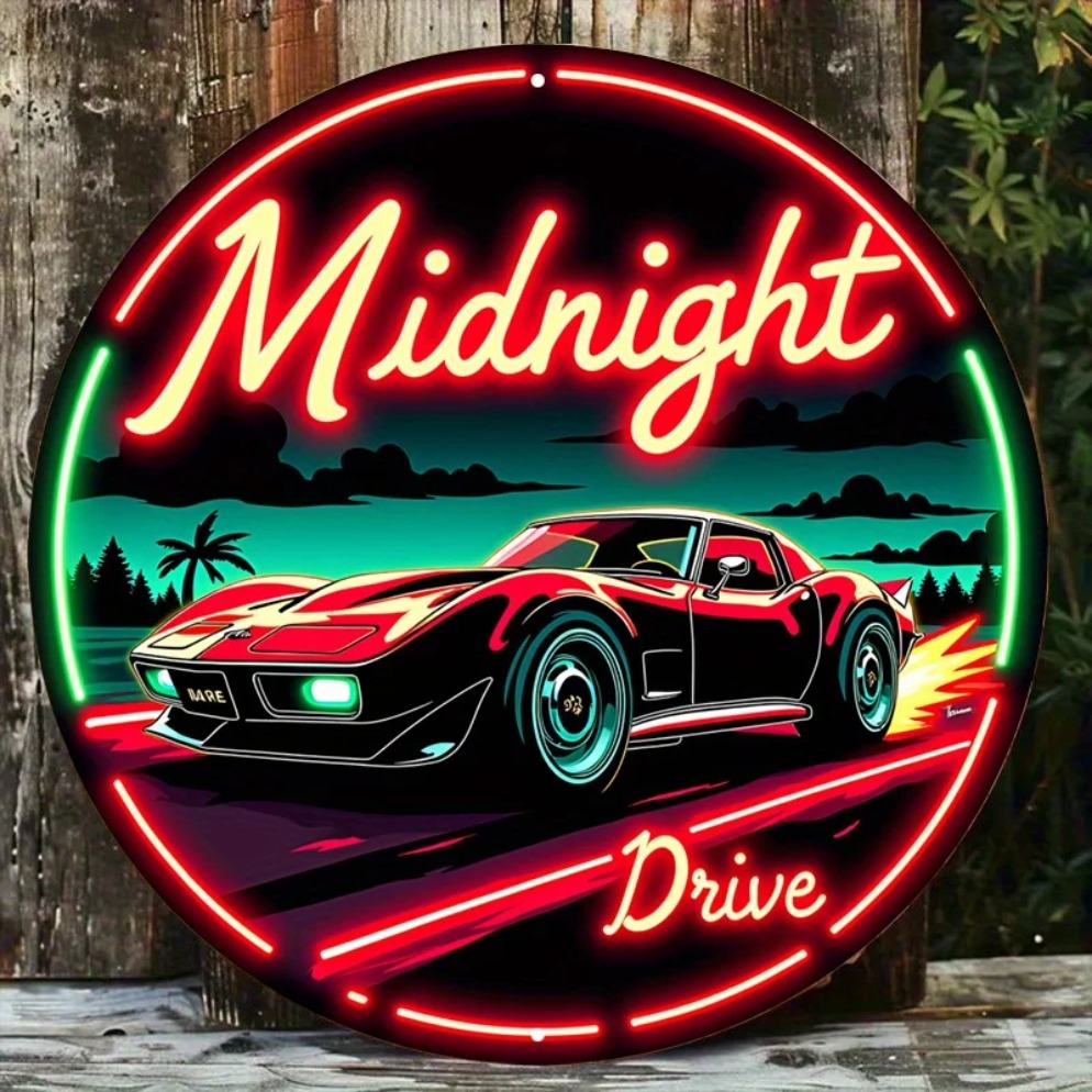 Vintage Lighting Decor - ヴィンテージネオンカーサイン ミッドナイトドライブ – レトロな自動車LEDアートメタルサイン、赤と緑のライト付き、丸型メタルウォールデコレーション
