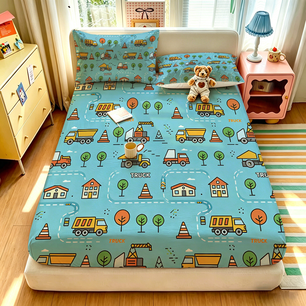 Lighting Mcqueen Bedroom Decor - 3点セットの漫画柄おもちゃの車プリント無地ベッドシーツセット、複数サイズ展開、柔らかいベッドカバー、寝室の寝具装飾ギフト