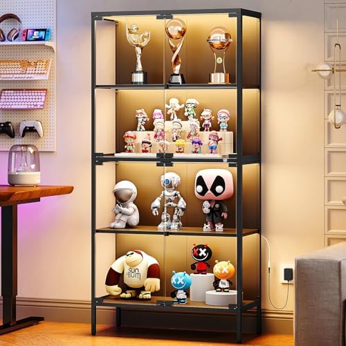 Lighting & Home Decor Studio Photos - 65インチガラスディスプレイキャビネット、3色LEDライト付き、4つの強化ガラス扉と棚付きディスプレイケース、金属フレーム