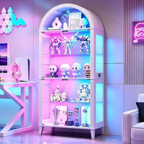Lighting & Home Decor Studio Photos - 5段アーチ型ガラスディスプレイキャビネット（リビングルーム用RGBライト付き） | LED付きガラス扉モーションセンサー内蔵キュリオキャビネット