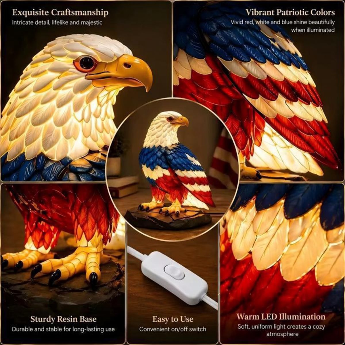 Home Decor Lighting Manufacturer - PHONE&GEAR イーグルレジン製テーブルランプ 雰囲気のあるデスクトップナイトライト 独立記念日、戦没将兵追悼記念日、家の装飾に