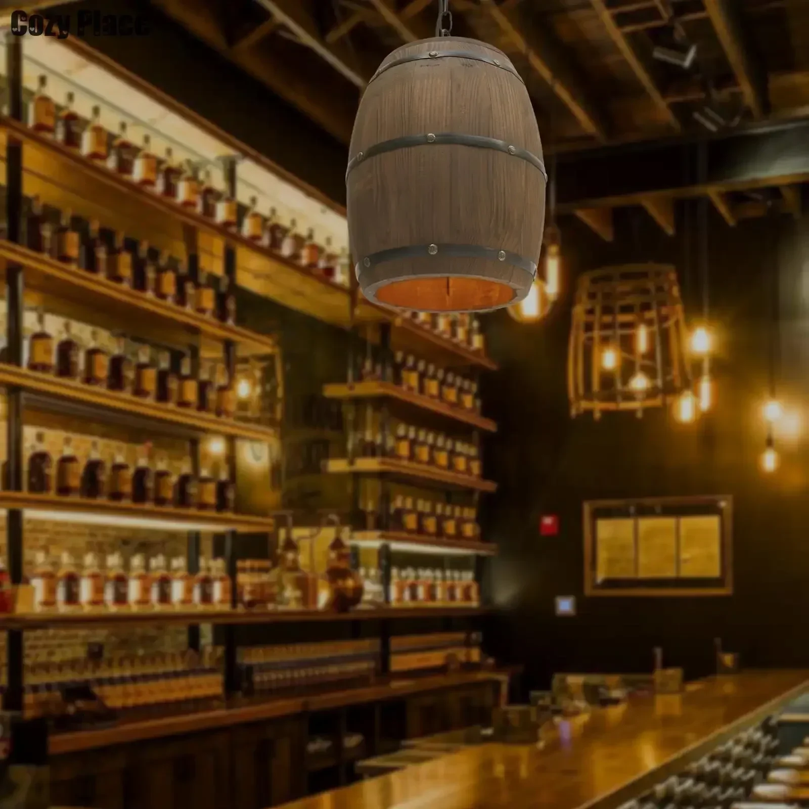 Vintage Lighting Decor - 素朴なランプヴィンテージシャンデリア木製ペンダントライトワイン樽吊り下げランプ家の装飾リビングルームバーカフェ照明E26
