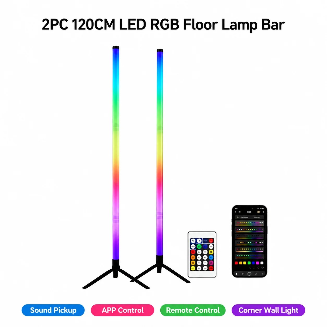 2パックRGB LEDコーナーフロアランプ、120CMサウン - Decor Lighting Floor Lamps のレビューと価格