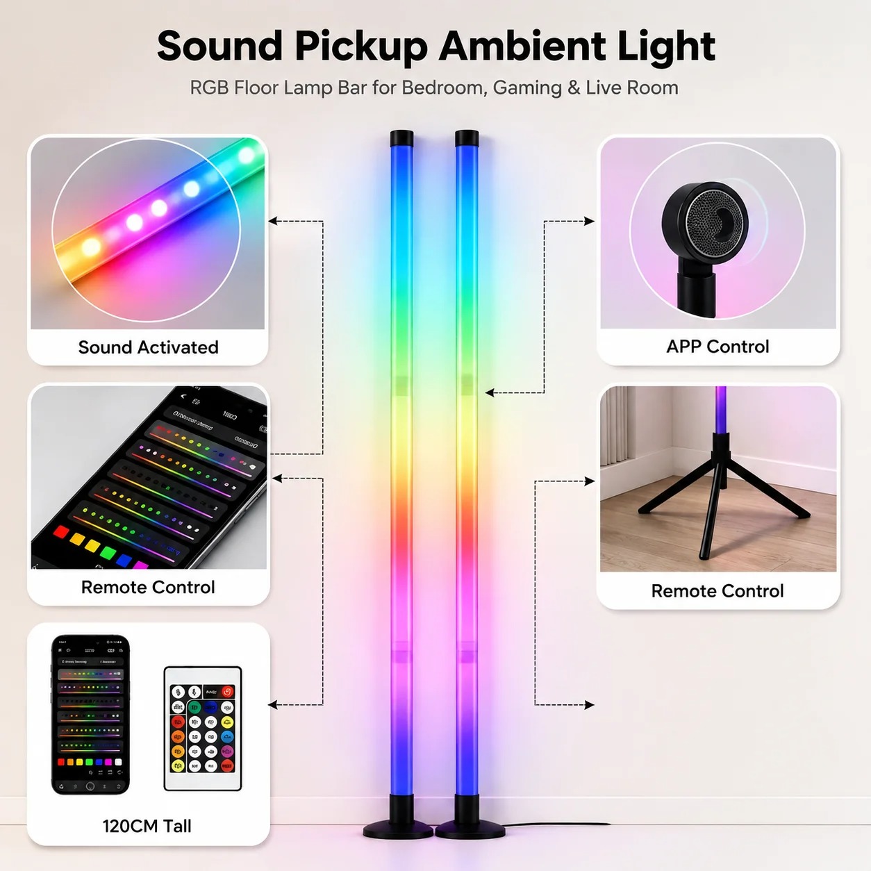 2パックRGB LEDコーナーフロアランプ、120CMサウン - Decor Lighting Floor Lamps のレビューと価格
