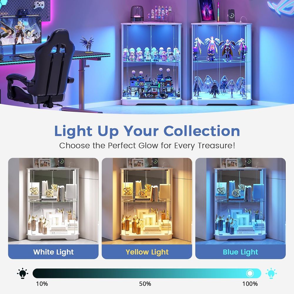 2段ガラス製ディスプレイキャビネット、LEDライトと充電ステ - Lighting & Home Decor Studio Photos のレビューと価格