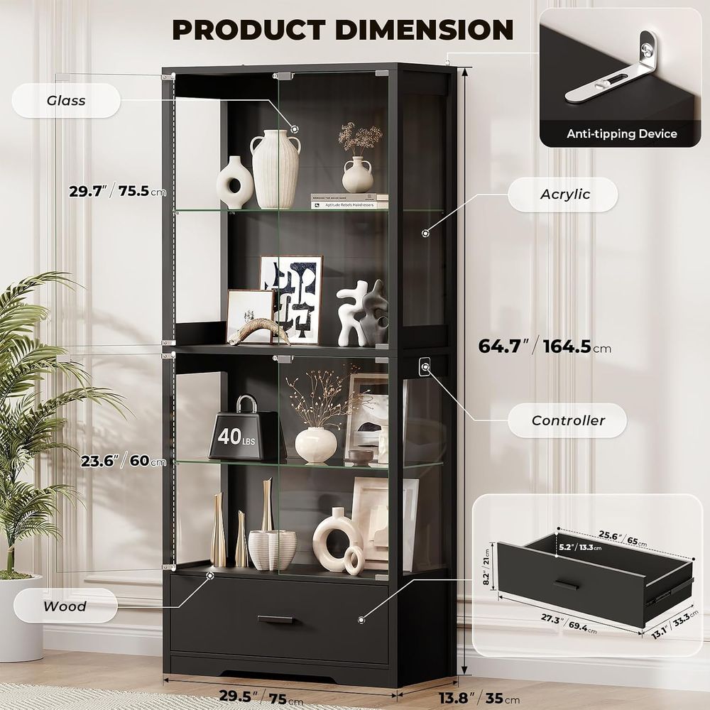 4段ガラス製キュリオキャビネット、調節可能な棚、3色ライト＆ - Lighting & Home Decor Studio Photos のレビューと価格