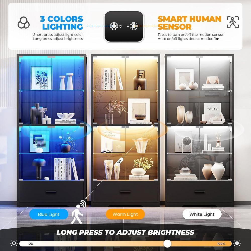 4段ガラス製キュリオキャビネット、調節可能な棚、3色ライト＆ - Lighting & Home Decor Studio Photos のレビューと価格