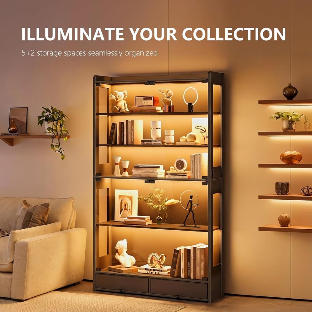 69インチの背の高い黒色LED照明付き5段ディスプレイキャビ - Lighting & Home Decor Studio Photos のレビューと価格