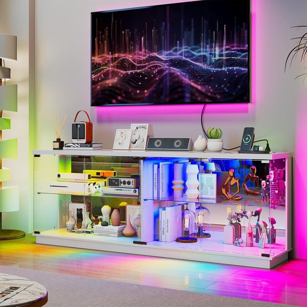71インチガラステレビスタンド、充電ステーションとライト付き - Lighting & Home Decor Studio Photos のレビューと価格